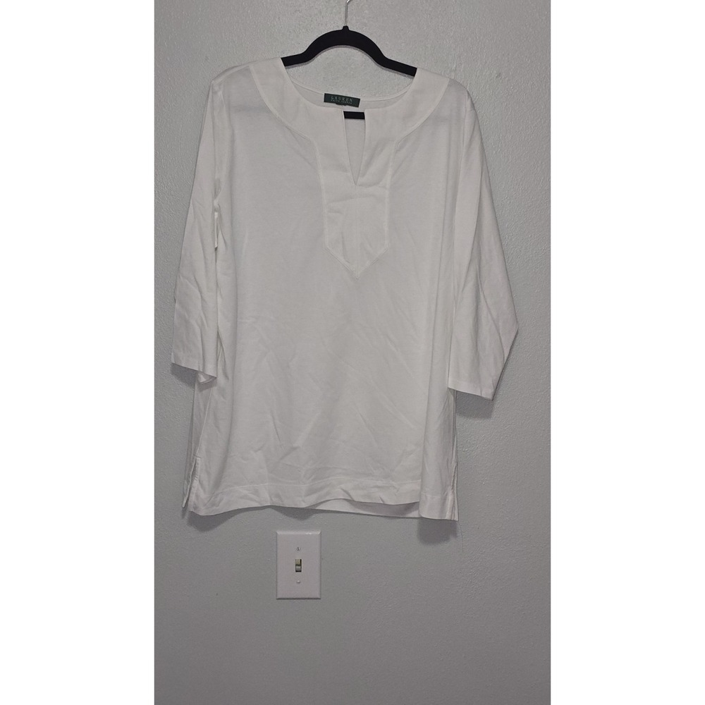 Lauren Ralph Lauren White Cotton Split Neck 3/4 Sleeve Tunic Blouse XL